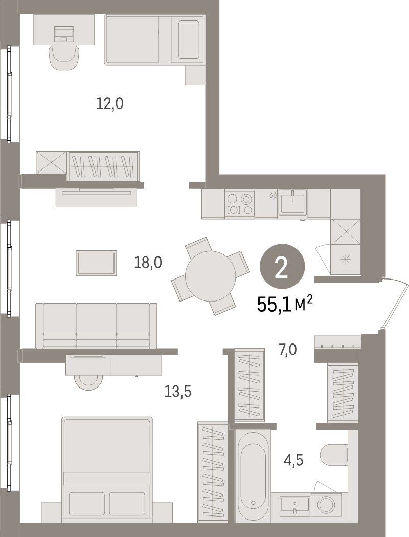 3-комнатная (Евро) квартира, 55.1 м² в ЖК "Брусника в Новоселье" - планировка, фото №1