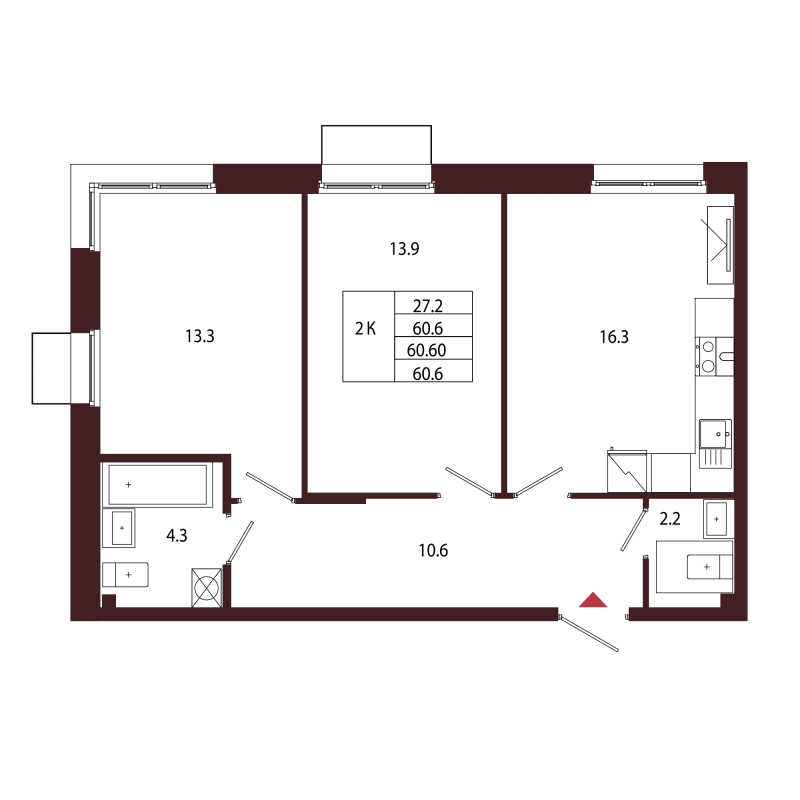 3-комнатная (Евро) квартира, 60.6 м² в ЖК "Лисино" - планировка, фото №1