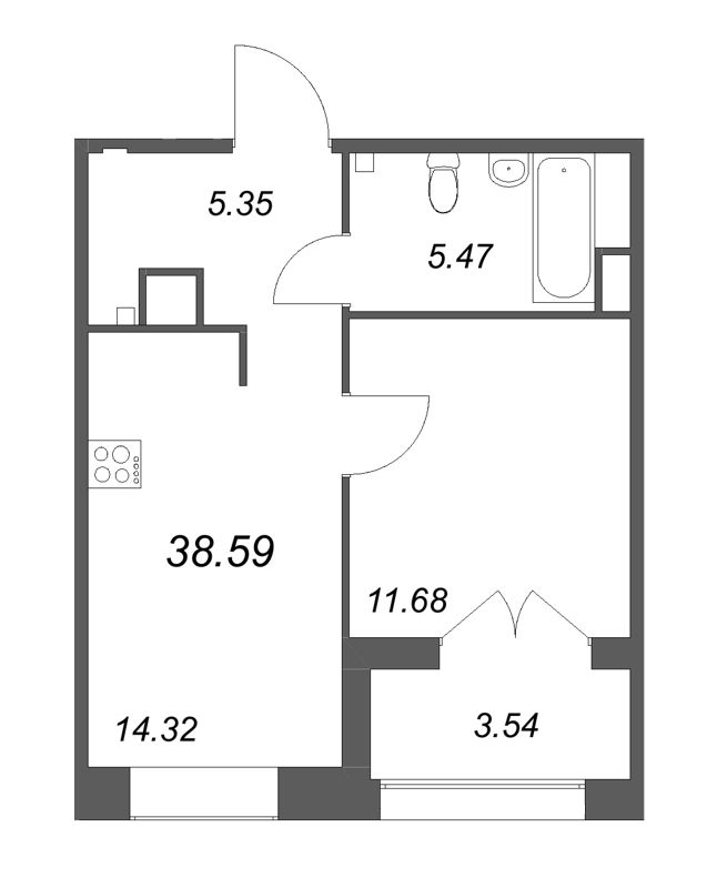 1-комнатная квартира, 38.59 м² в ЖК "Ranta Residence" - планировка, фото №1