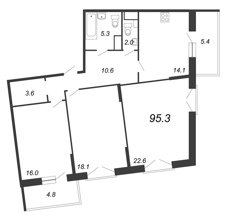 3-комнатная квартира, 97 м² - планировка, фото №1