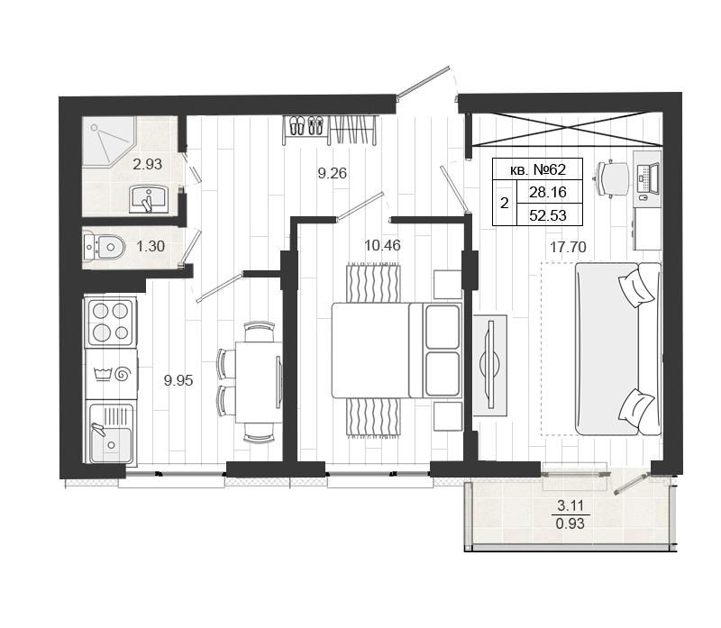 2-комнатная квартира, 52.53 м² в ЖК "Верево-сити" - планировка, фото №1