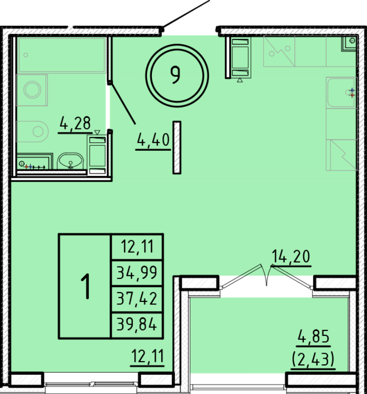 1-комнатная квартира, 34.99 м² - планировка, фото №1