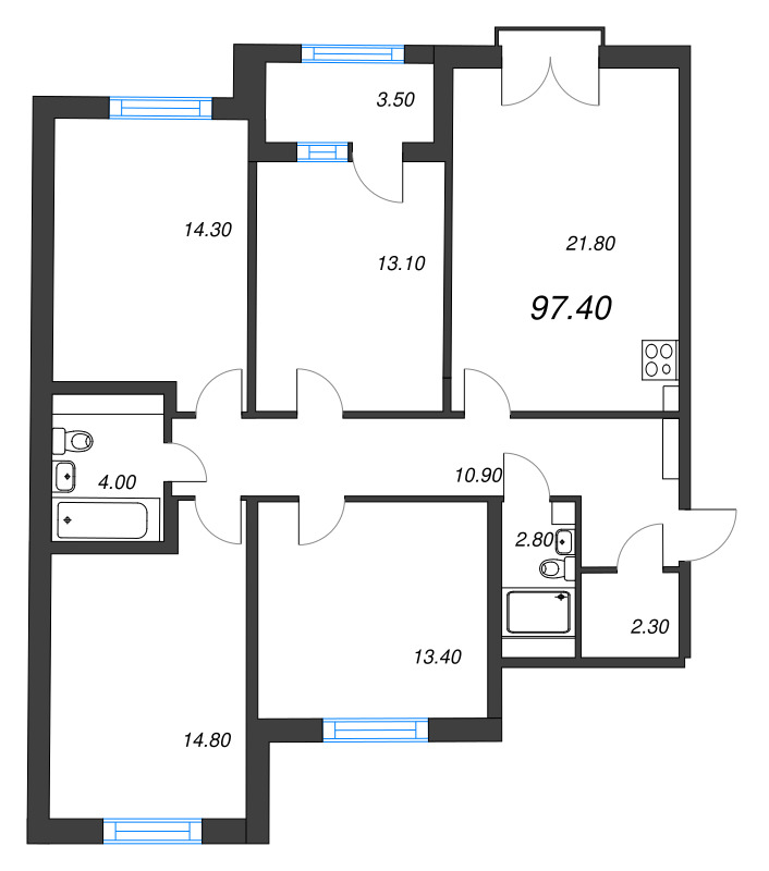 5-комнатная (Евро) квартира, 97.4 м² в ЖК "Дубровский" - планировка, фото №1