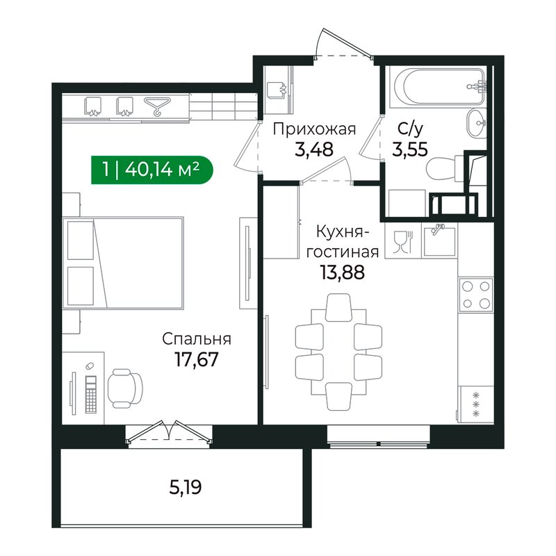 1-комнатная квартира, 38.3 м² в ЖК "Сертолово Парк" - планировка, фото №1