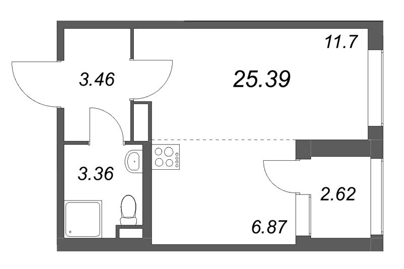 Квартира-студия, 25.39 м² в ЖК "Дубровский" - планировка, фото №1