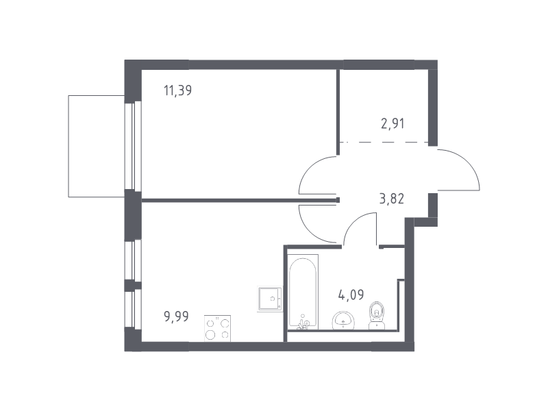 1-комнатная квартира, 32.2 м² - планировка, фото №1