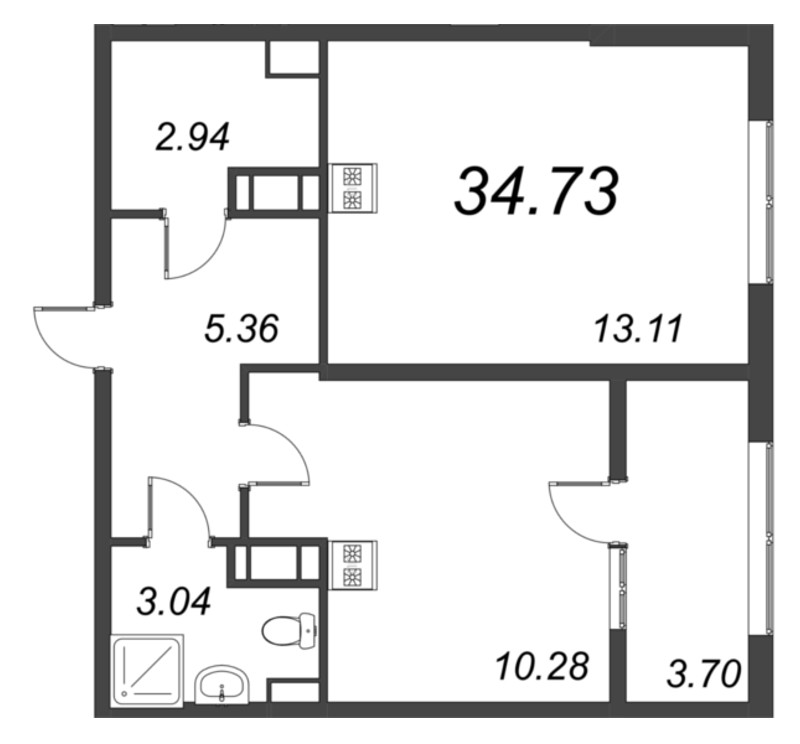 1-комнатная квартира, 34.73 м² - планировка, фото №1