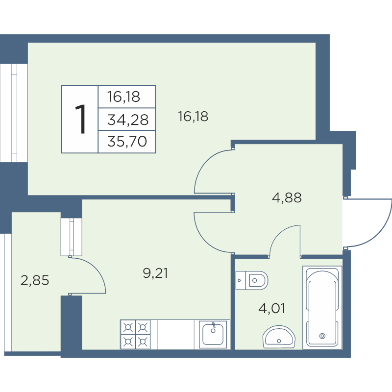 1-комнатная квартира, 35.36 м² - планировка, фото №1
