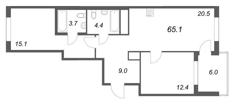 3-комнатная (Евро) квартира, 65.1 м² в ЖК "Передвижники" - планировка, фото №1