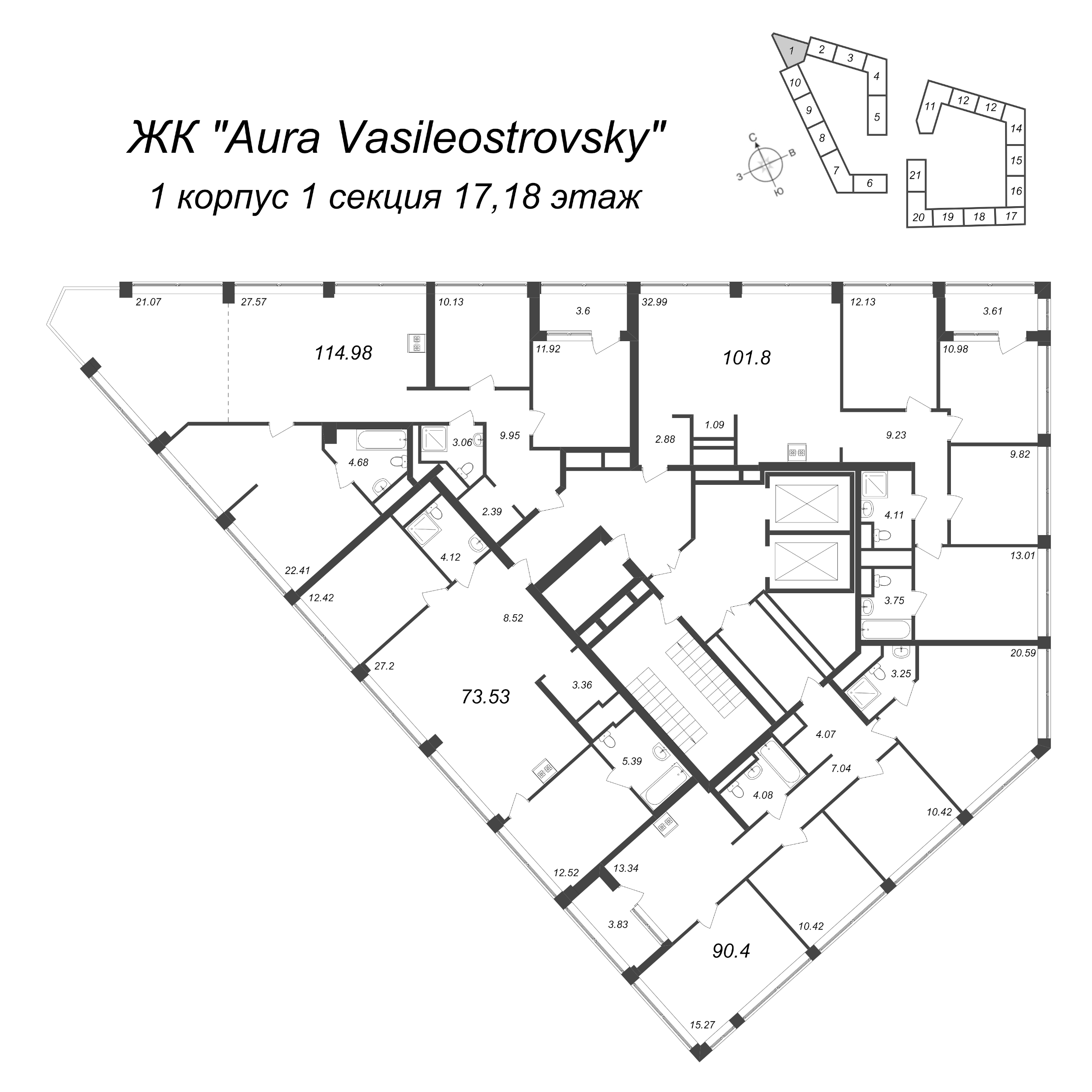 4-комнатная квартира, 90.4 м² в ЖК "GloraX Premium Василеостровский" - планировка этажа