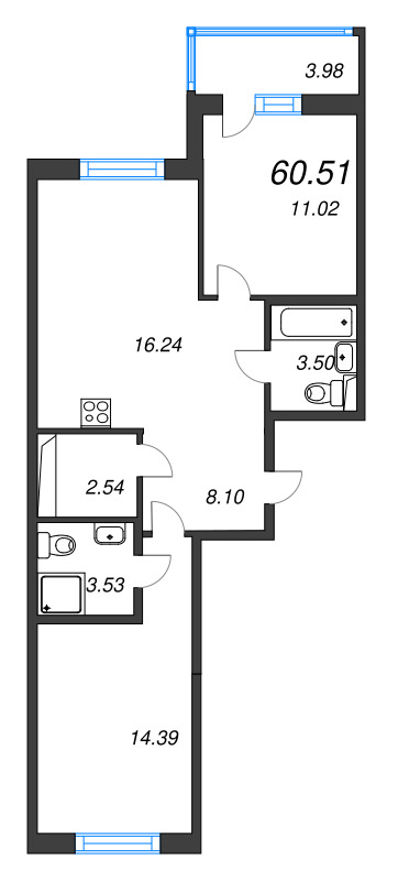 3-комнатная (Евро) квартира, 60.51 м² в ЖК "Энфилд" - планировка, фото №1