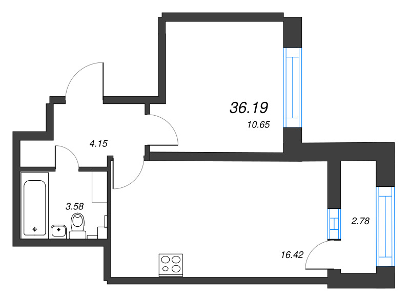 2-комнатная (Евро) квартира, 36.19 м² - планировка, фото №1