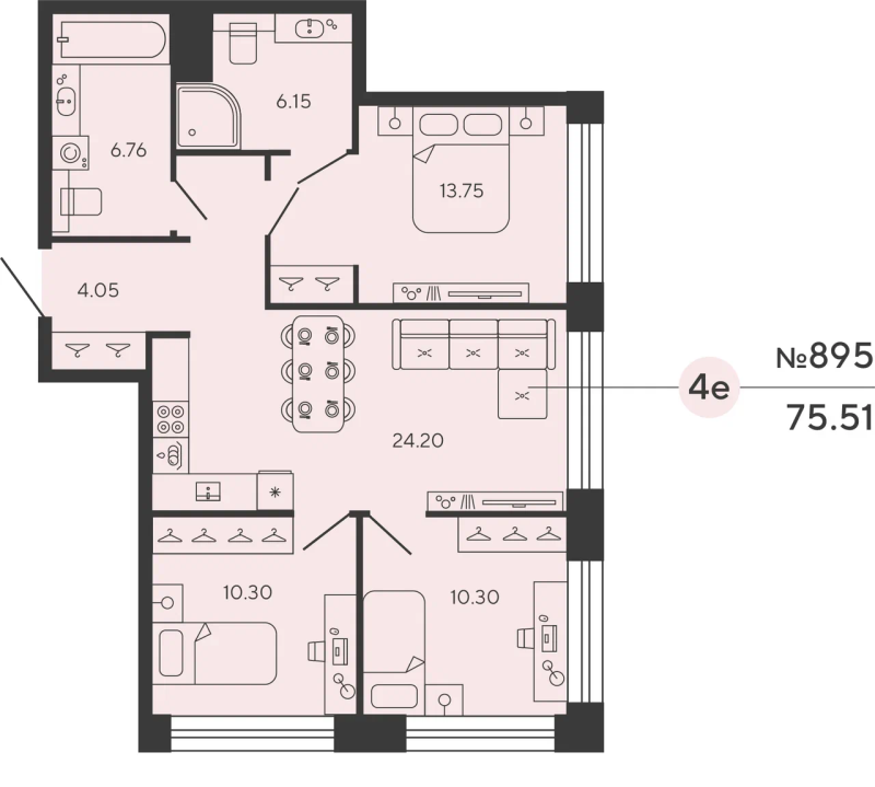 4-комнатная (Евро) квартира, 75.51 м² - планировка, фото №1