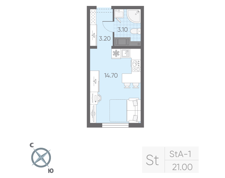 Квартира-студия, 21 м² в ЖК "Ручьи" - планировка, фото №1