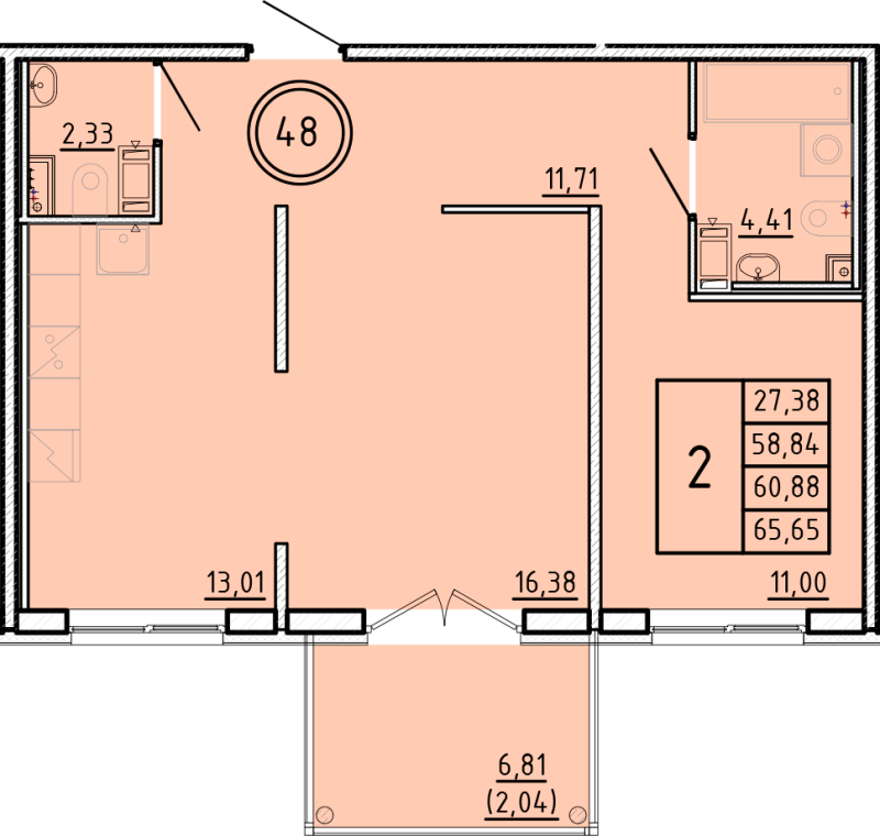 2-комнатная квартира, 58.84 м² - планировка, фото №1