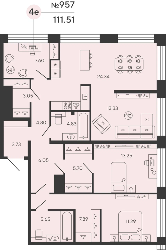 4-комнатная (Евро) квартира, 111.51 м² - планировка, фото №1