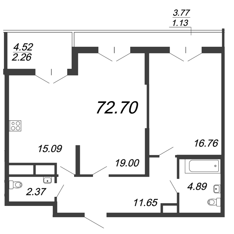 2-комнатная квартира, 72.2 м² - планировка, фото №1