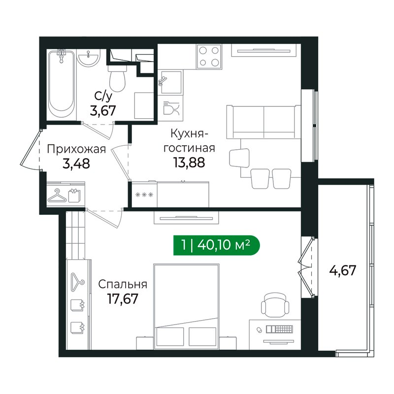 1-комнатная квартира, 38.5 м² в ЖК "Сертолово Парк" - планировка, фото №1