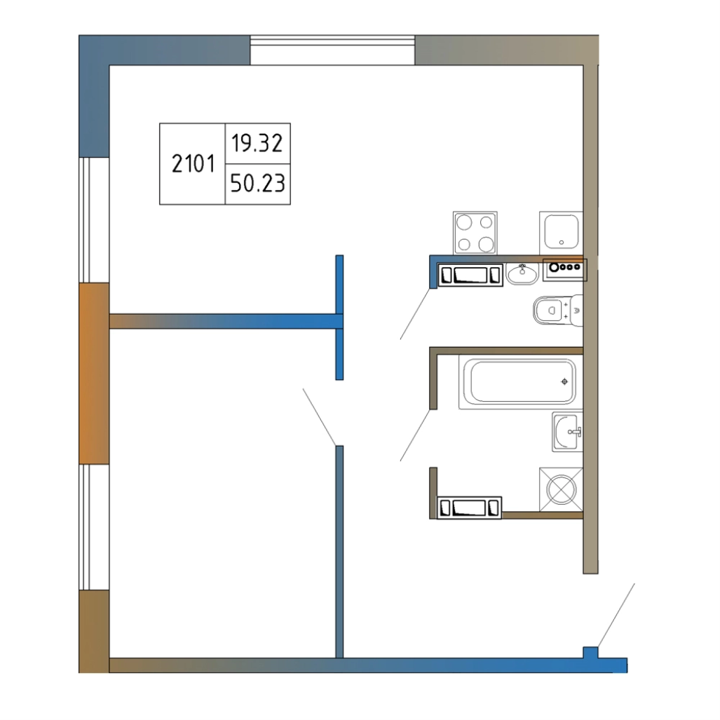 2-комнатная (Евро) квартира, 50.23 м² в ЖК "Атмосфера Выборга" - планировка, фото №1