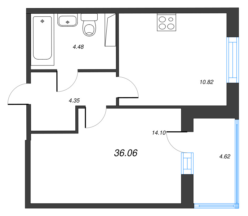 1-комнатная квартира, 36.06 м² в ЖК "IQ Гатчина" - планировка, фото №1
