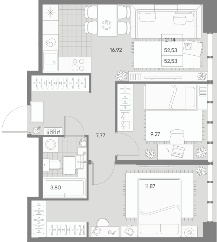 3-комнатная (Евро) квартира, 52.53 м² - планировка, фото №1