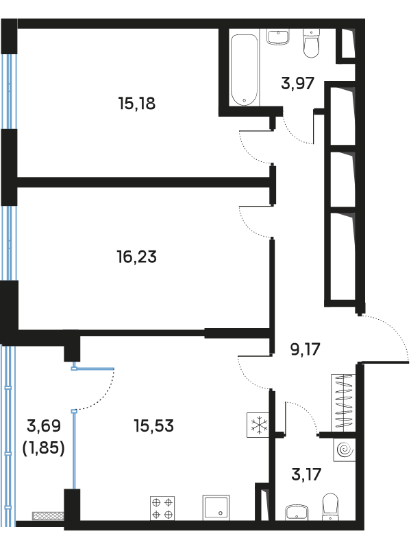 3-комнатная (Евро) квартира, 65.66 м² в ЖК "Дом Регенбоген" - планировка, фото №1
