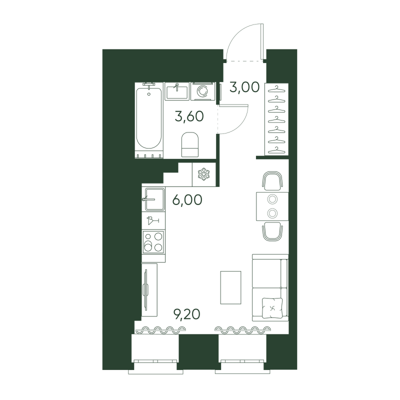 Квартира-студия, 21.8 м² в ЖК "Моисеенко 10" - планировка, фото №1