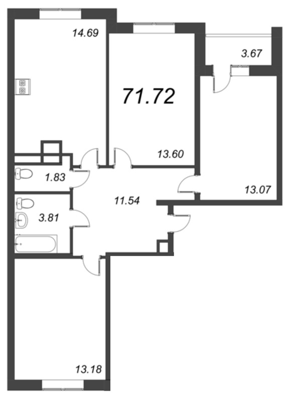3-комнатная квартира, 71.72 м² - планировка, фото №1