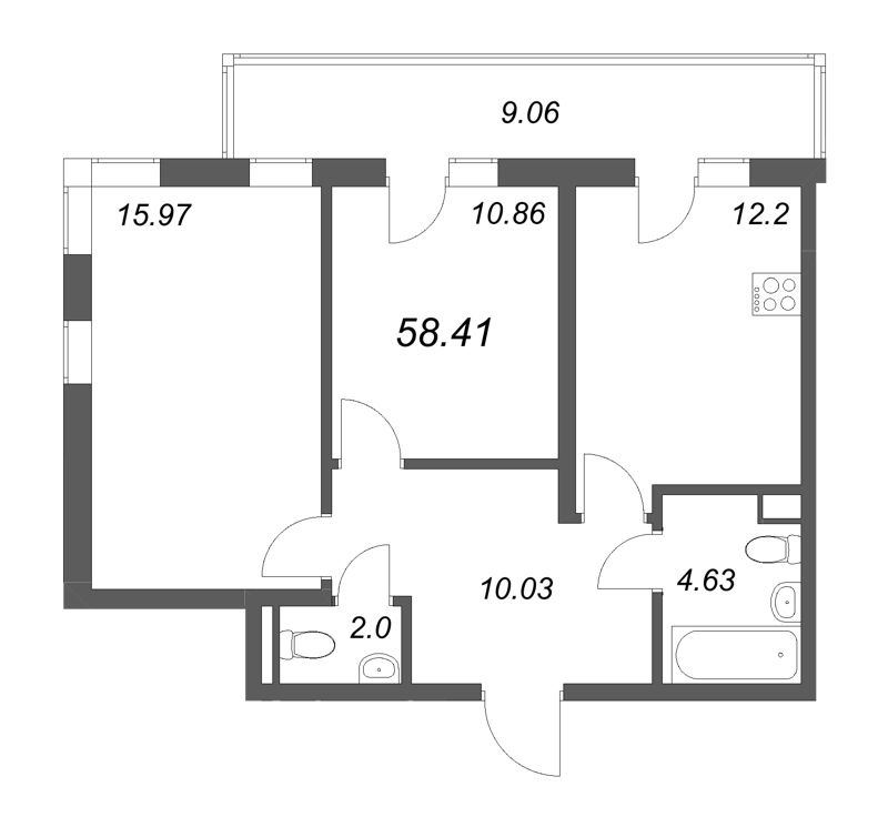 2-комнатная квартира, 58.41 м² - планировка, фото №1