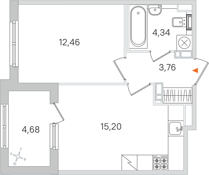 2-комнатная (Евро) квартира, 35.76 м² в ЖК "Дубровский" - планировка, фото №1