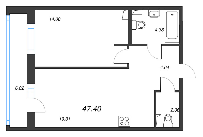 2-комнатная (Евро) квартира, 47.4 м² в ЖК "Энфилд" - планировка, фото №1