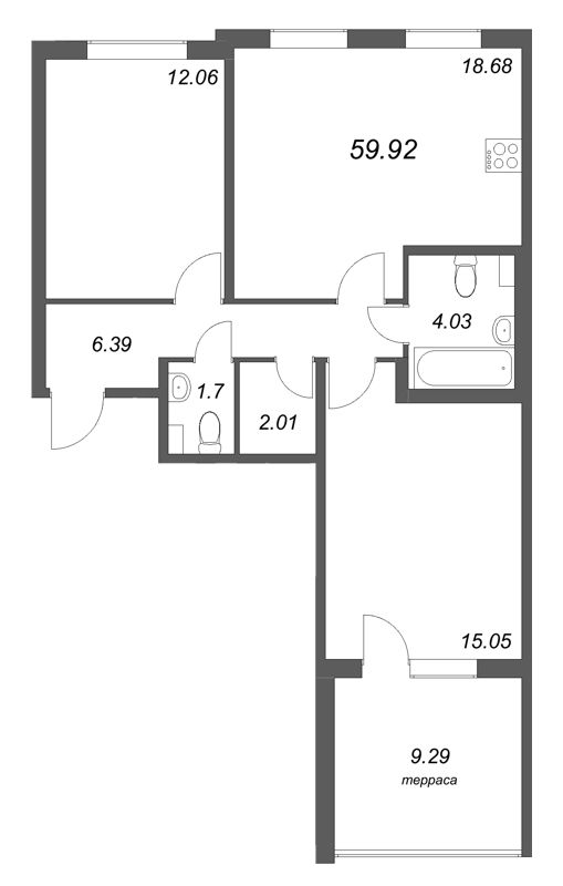 3-комнатная (Евро) квартира, 59.92 м² в ЖК "Любоград" - планировка, фото №1