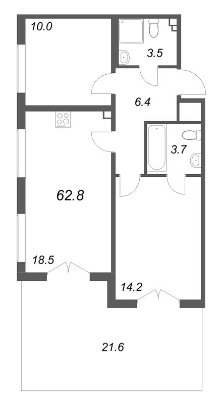 3-комнатная (Евро) квартира, 62.8 м² в ЖК "Пулково Лейк" - планировка, фото №1