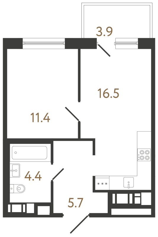 2-комнатная (Евро) квартира, 38 м² в ЖК "Передвижники 2" - планировка, фото №1