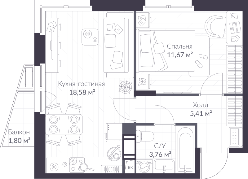 2-комнатная (Евро) квартира, 39.96 м² в ЖК "VEREN NORT сертолово" - планировка, фото №1