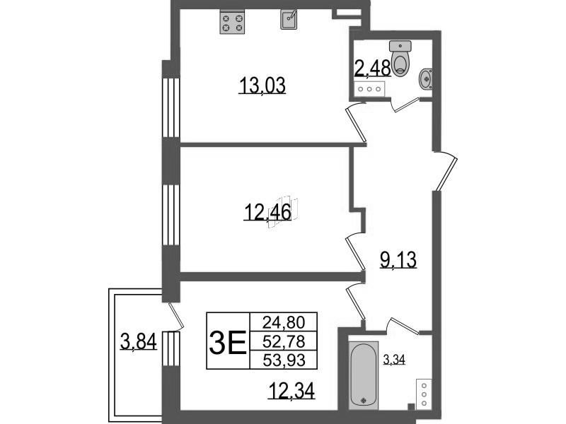2-комнатная квартира, 53.8 м² в ЖК "TESORO" - планировка, фото №1
