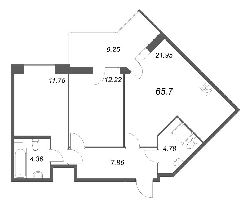 3-комнатная (Евро) квартира, 65.7 м² - планировка, фото №1