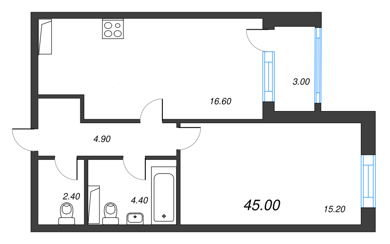 2-комнатная (Евро) квартира, 45 м² - планировка, фото №1