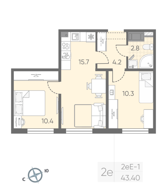 3-комнатная (Евро) квартира, 43.4 м² - планировка, фото №1
