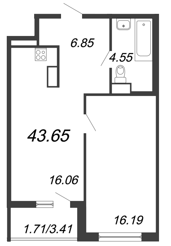 2-комнатная (Евро) квартира, 43.65 м² - планировка, фото №1
