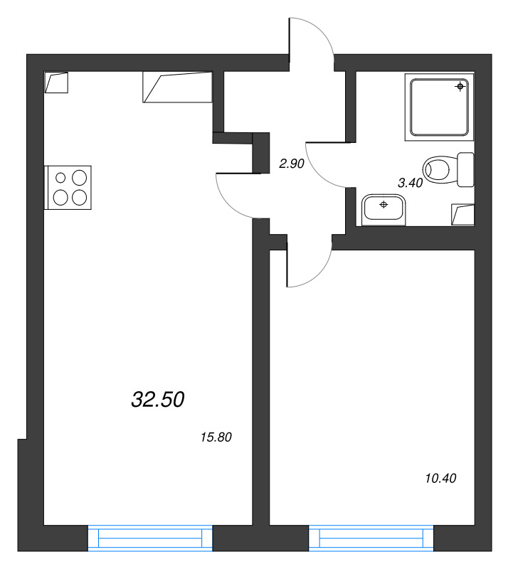2-комнатная (Евро) квартира, 32.5 м² в ЖК "Ручьи" - планировка, фото №1