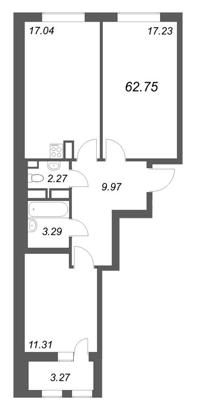 3-комнатная (Евро) квартира, 62.75 м² в ЖК "Аквилон Солар" - планировка, фото №1