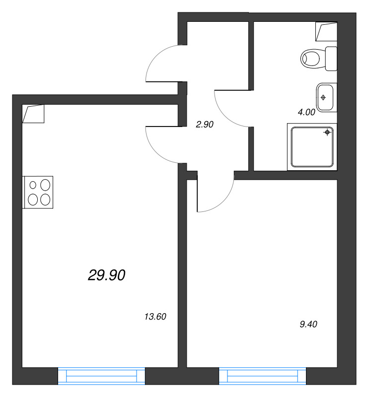 1-комнатная квартира, 29.9 м² в ЖК "Ручьи" - планировка, фото №1