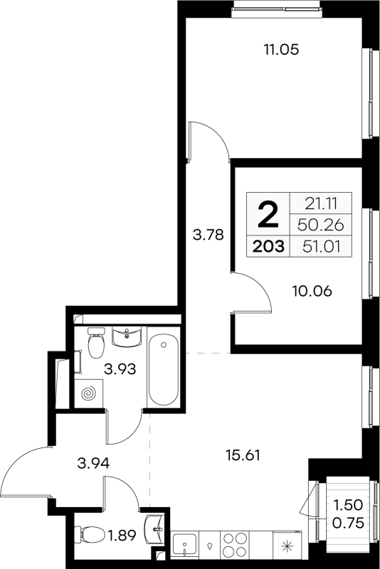 3-комнатная (Евро) квартира, 51.01 м² - планировка, фото №1