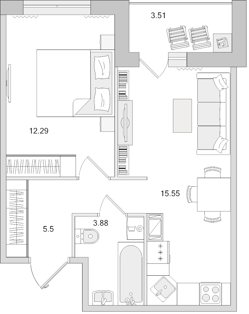 2-комнатная (Евро) квартира, 40.73 м² в ЖК "Dreamline" - планировка, фото №1
