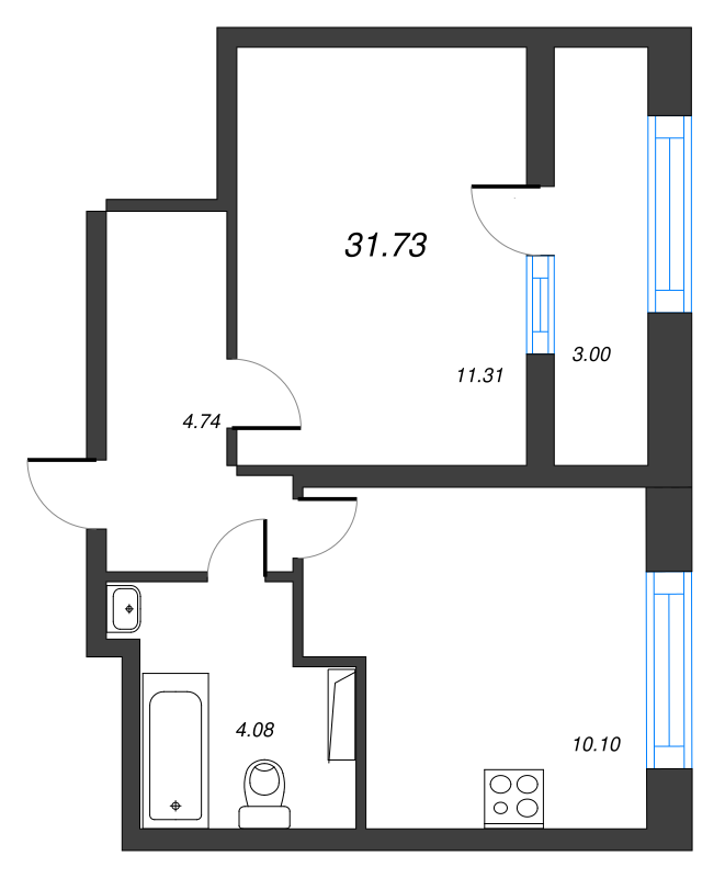 1-комнатная квартира, 31.73 м² - планировка, фото №1