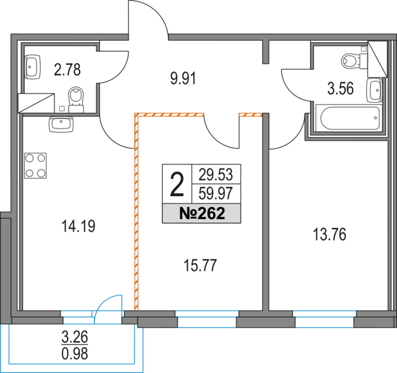 2-комнатная квартира, 59.97 м² в ЖК "Приморский квартал" - планировка, фото №1