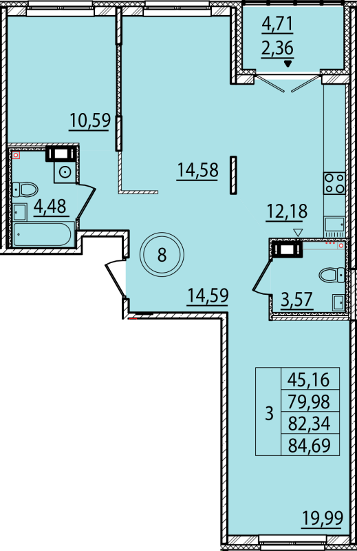 3-комнатная квартира, 79.98 м² - планировка, фото №1
