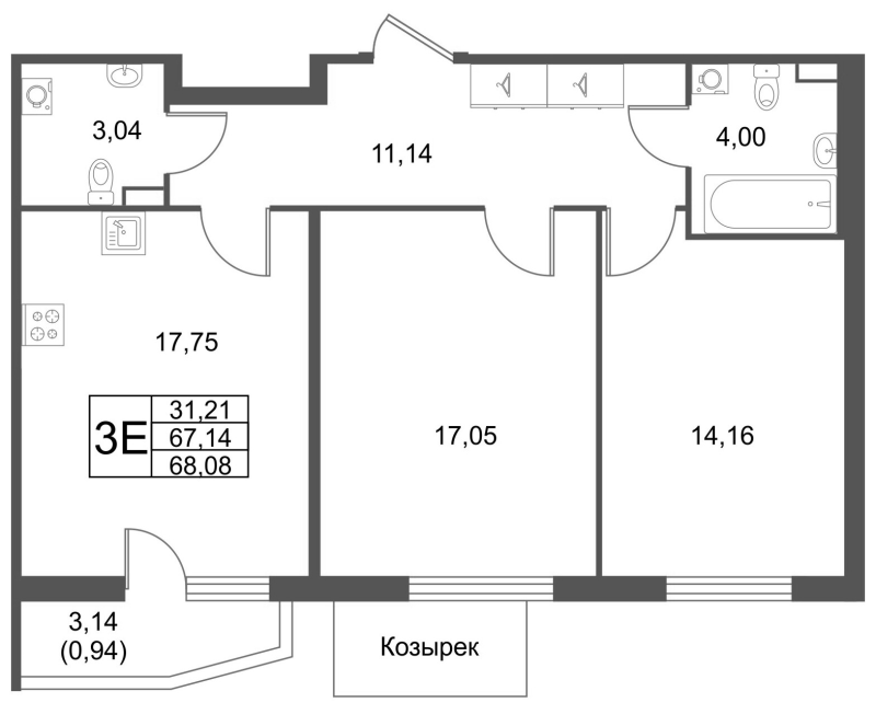 3-комнатная (Евро) квартира, 68.08 м² в ЖК "Лето" - планировка, фото №1