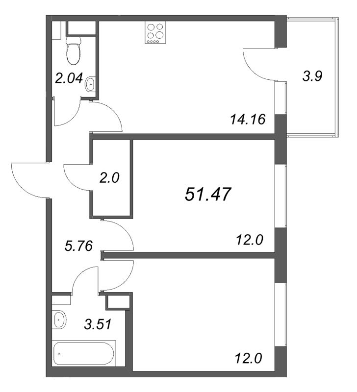 2-комнатная квартира, 51.47 м² - планировка, фото №1